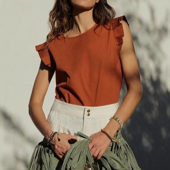 Mare Mare Amie Ruffle Sleeve Top in Burnt Orange NWOT - Picture 1 of 3